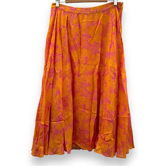Tanya Taylor Jeana‎ Floral Pleated Midi Skirt in Ikat Flower Orange Sz 12 - Picture 2 of 9